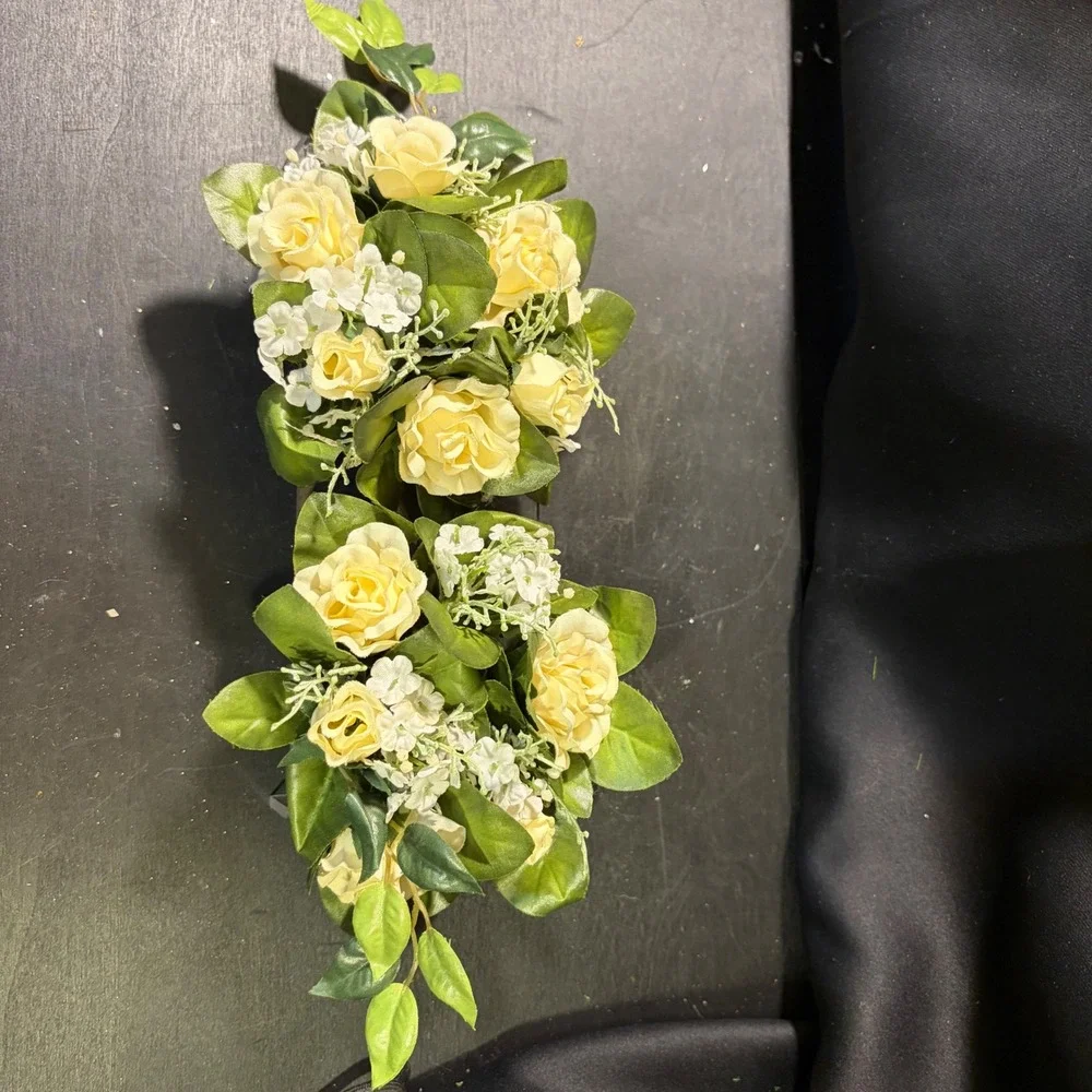 Cream Rose White Babys Breath Artificial Floral Candle Rings Set of 2 12 Inch